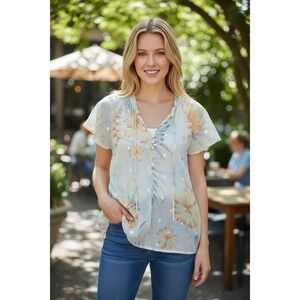 Alex & Parker Blouse Chiffon Women Sz L Peach Blue White Tropical Summer Top EUC